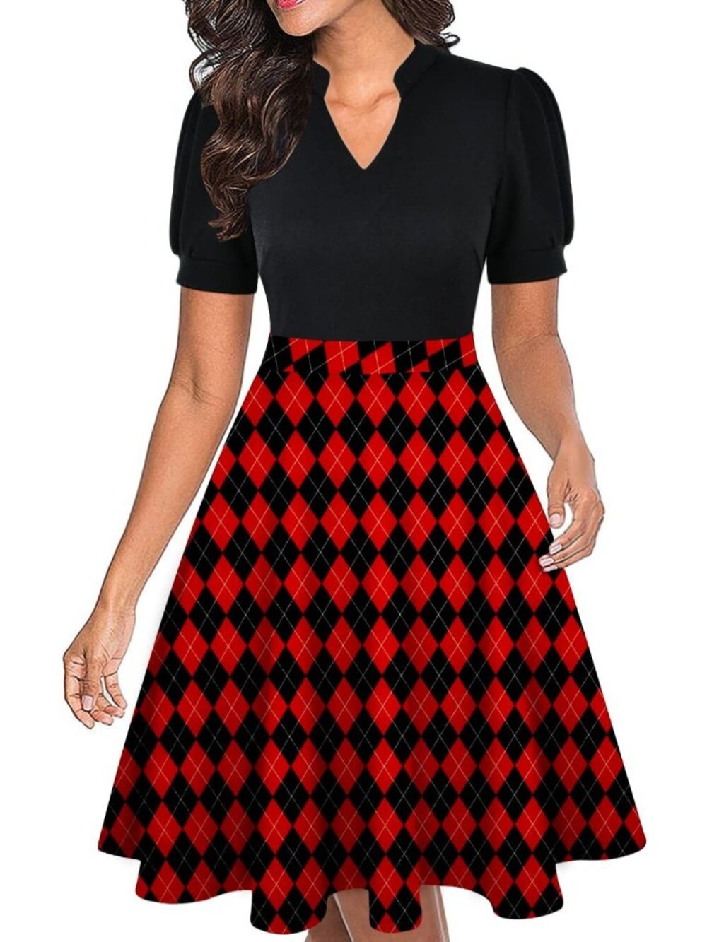 Women's Black Plaid Fit & Flare Midi Dress Puff Sleeve with Pockets